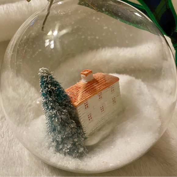 TALBOTS 2018 Snow Globe ornament w/colonial home, tree & plaid ribbon to hang w/ - Picture 4 of 8